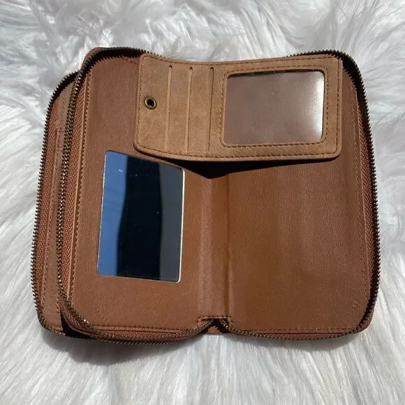 Mini Crossbody Zip Up Crossbody Wallet Tan and Gold Small - Picture 2 of 9